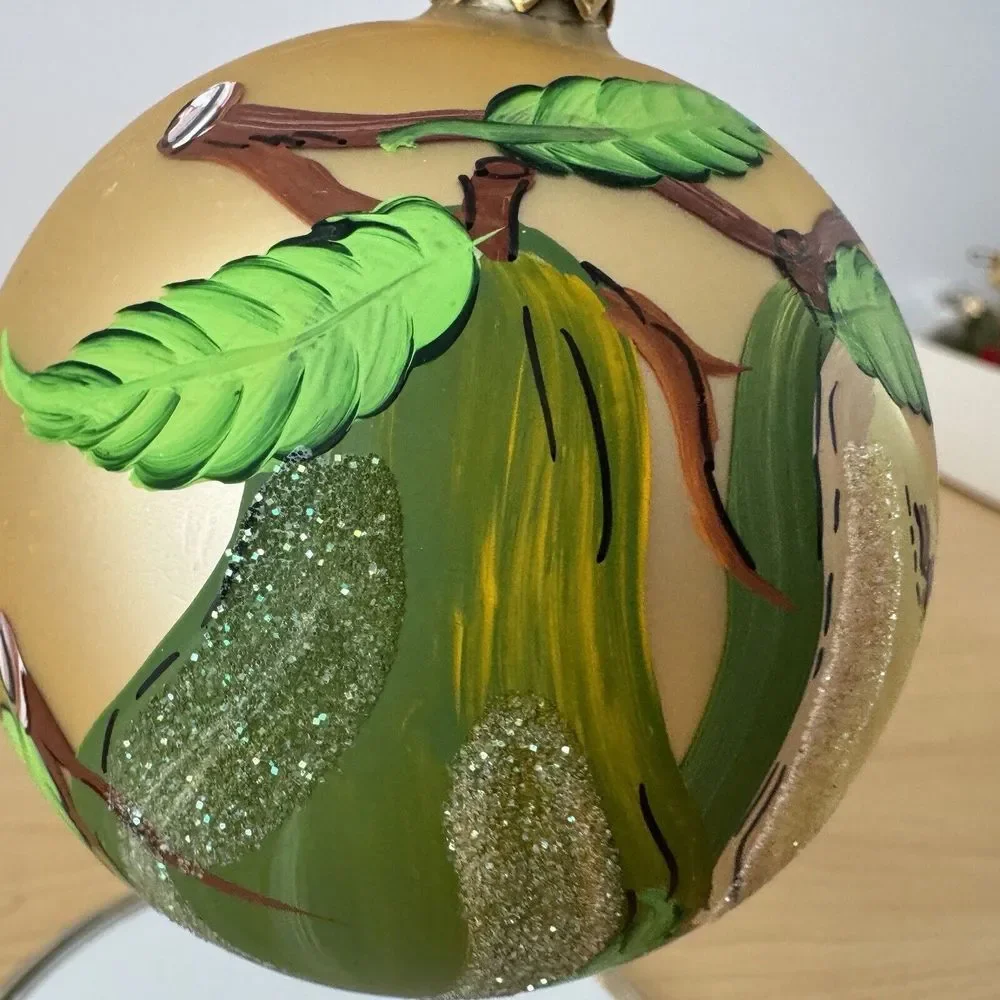 Vtg Christmas Ornament Hand Painted Pear Fruit Gold Glitter Sugared Frosted Gold